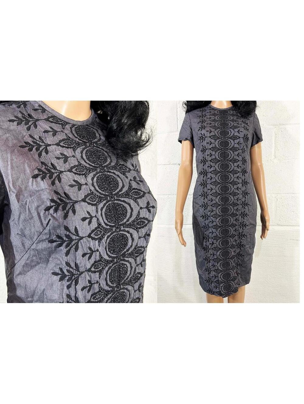 Embroidered Dress Black Gray Teena Paige 1950s Short Sleeve Shift Linen Small